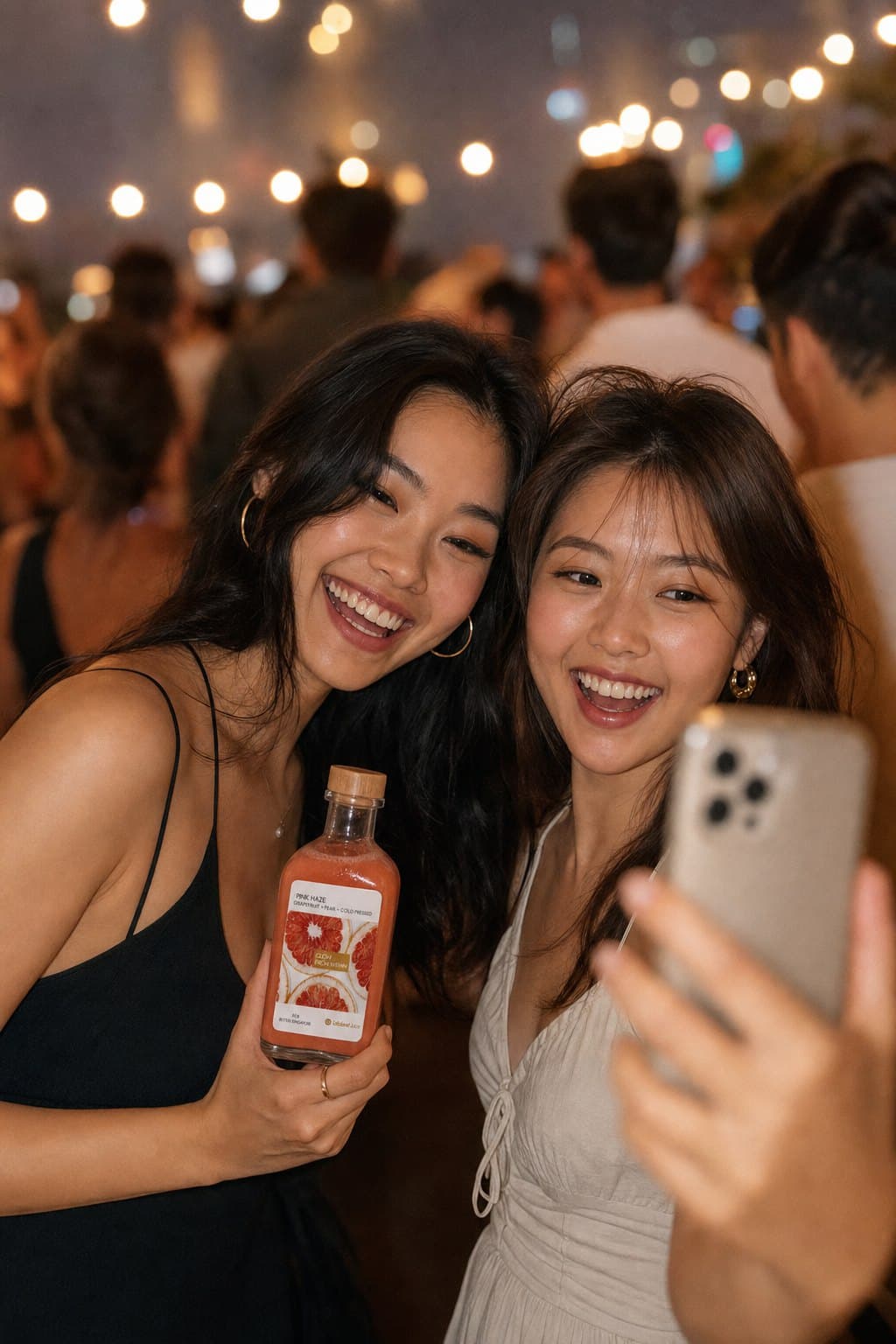 Two friends taking a selfie together with a Lalaland Pink Haze bottle at a sunlit rooftop gathering