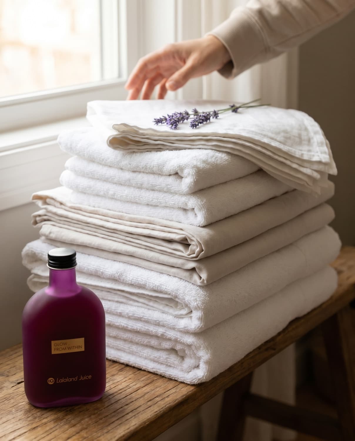 A warm stack of freshly folded linens with a Lalaland bottle beside it