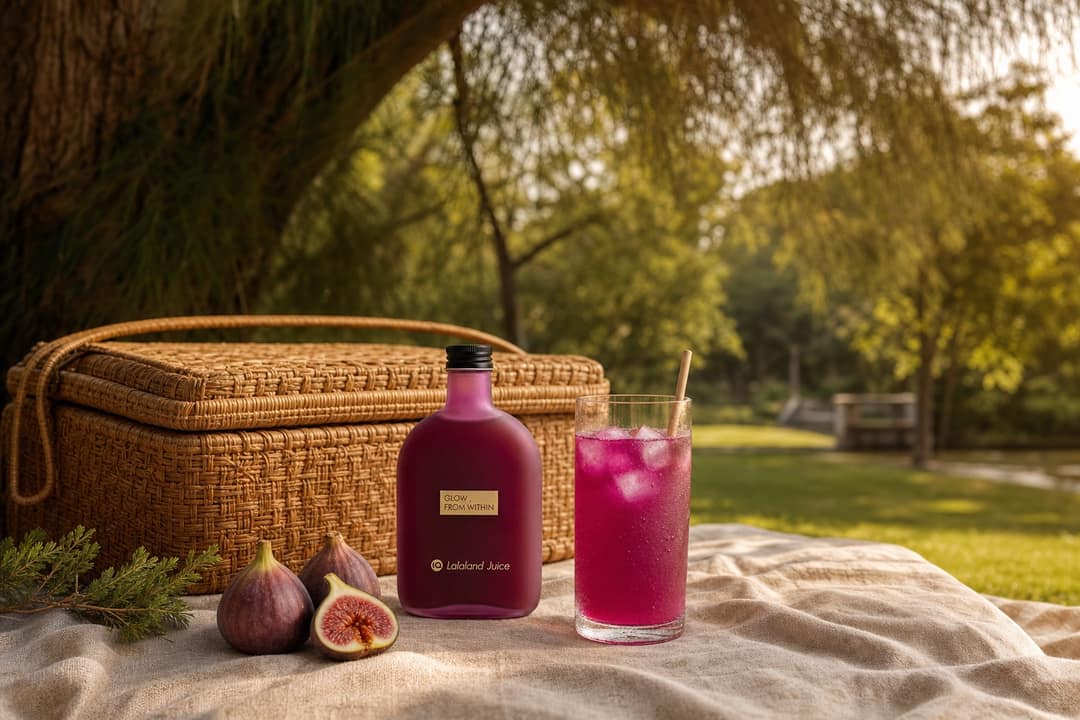 A rattan picnic basket under a shady tree in golden light, a chilled matte-pink Lalaland Model Glow bottle beside a tall glass of pink juice over ice — a lazy Sunday picnic in a Singapore park.