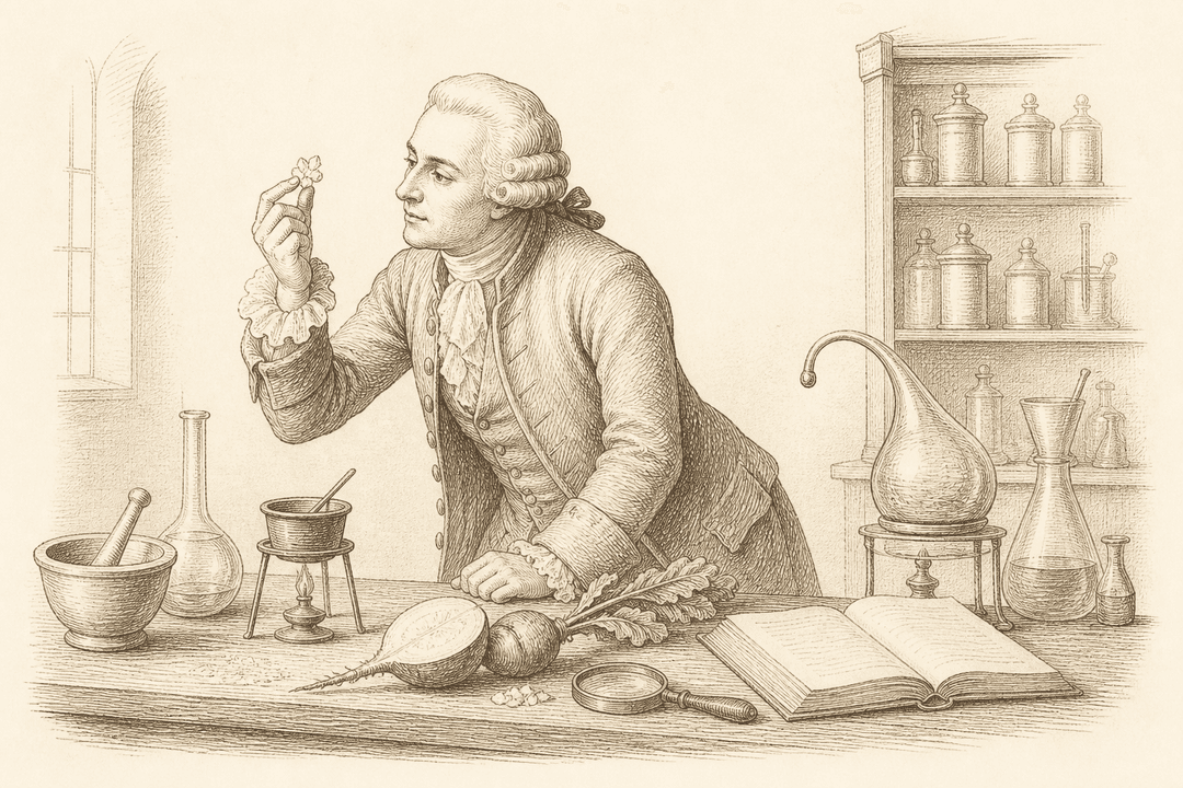 A sepia pen-and-ink engraving of an 18th-century chemist holding sugar crystals up to the light, a halved pale beet on his laboratory bench amid retorts and apothecary jars — the discovery of sugar hidden in a common root.