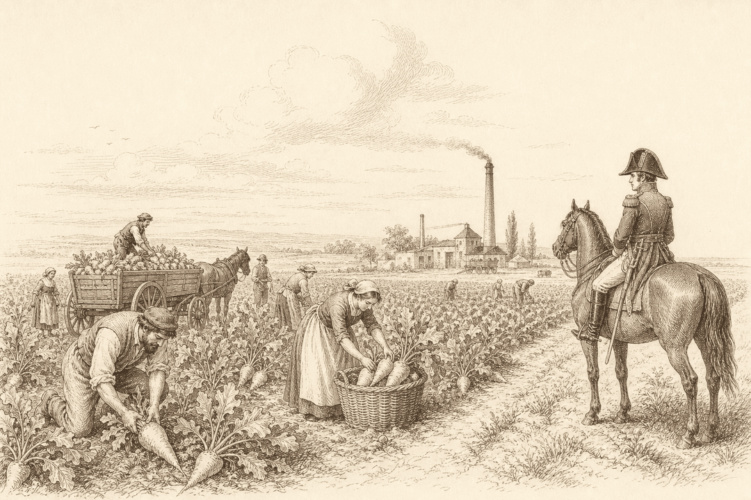 A sepia pen-and-ink engraving of a Napoleonic-era sugar-beet harvest — peasants lifting and carting the pale roots into a cart beside a small beet-sugar works with a smoking chimney, while a mounted officer looks on — the moment beet became a strategic crop for a Europe cut off by blockade.
