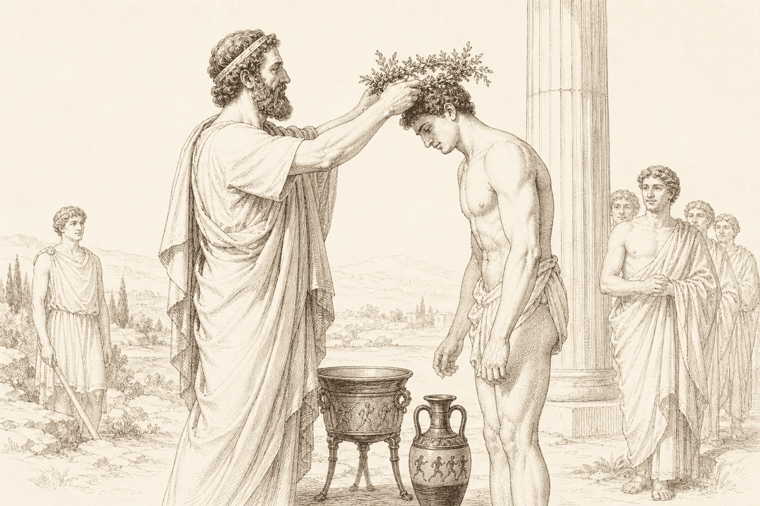 A victor at the ancient Nemean Games being crowned with a wreath of wild celery — the same plant that also wreathed the dead.