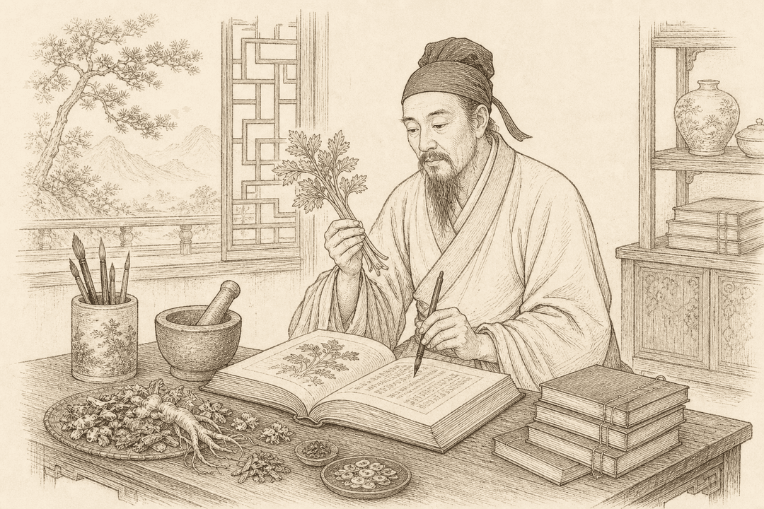 A Ming-dynasty physician reading celery's cooling nature and recording it in the Compendium of Materia Medica.