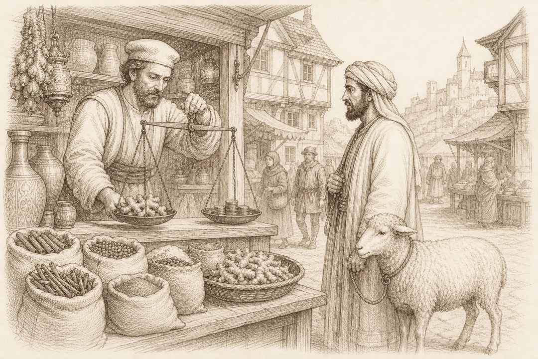 A sepia engraving of a medieval spice merchant weighing dried ginger against coins on a balance, a tethered sheep beside the stall — ginger once worth its weight in a sheep.