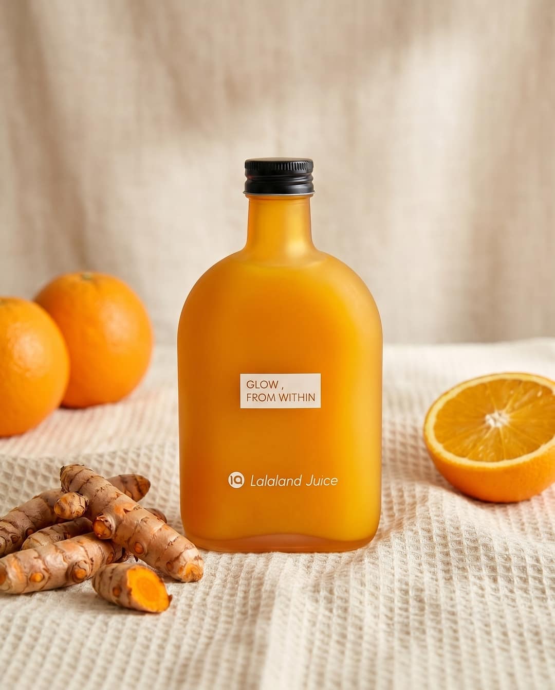 A chilled turmeric flask on rumpled waffle-weave linen, fresh turmeric root and oranges beside it.