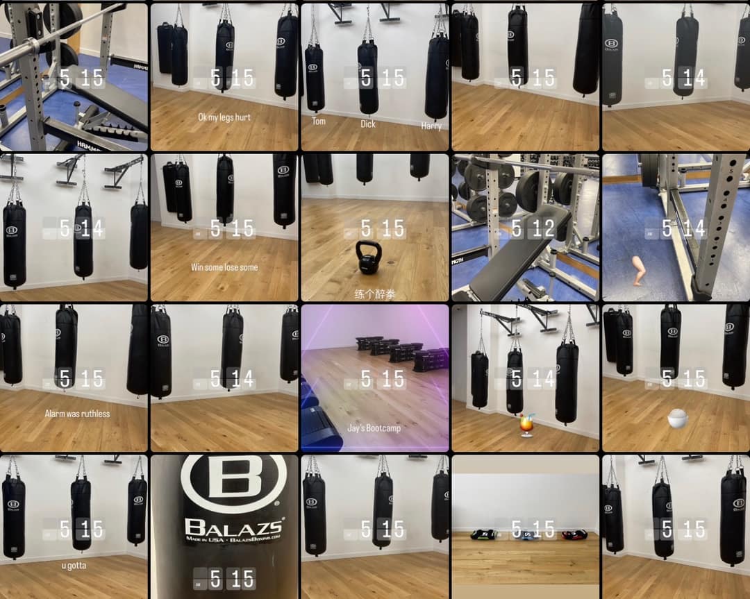 The receipts: a wall of 5:15 gym check-ins from my Instagram story — 5:15, 5:14, 5:15, every morning.