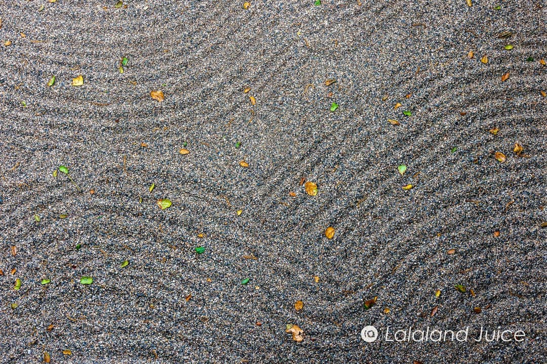 Raked gravel, a few fallen leaves — nothing being achieved, on purpose.