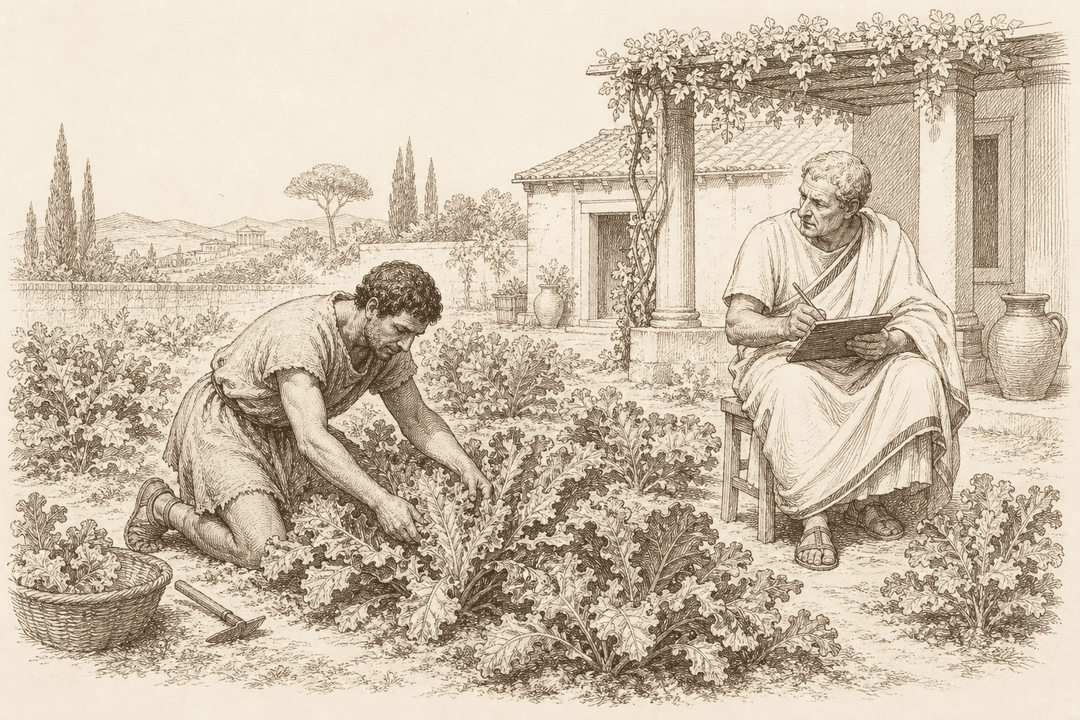 History scene: a Roman kitchen garden where a gardener tends rows of open leafy cole (cabbage-kale) while a toga-clad writer records the plant's praises — the classical world's esteem for the cole.