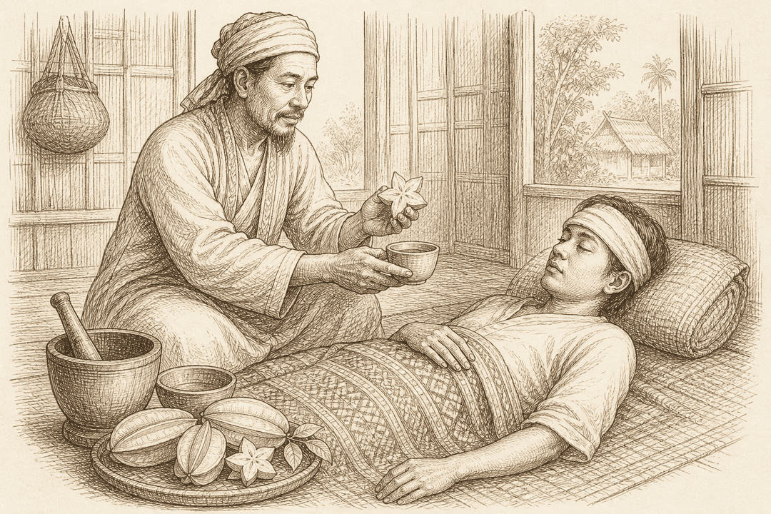 Scene: a village traditional healer giving pressed starfruit juice to someone with a fever.