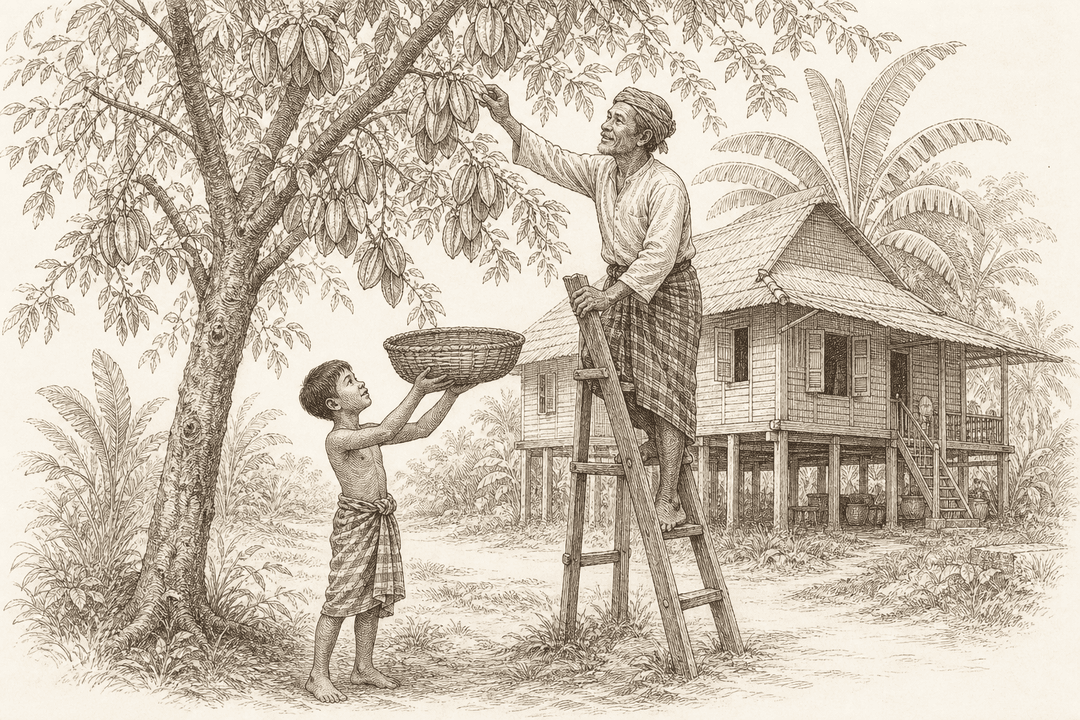 Scene: a kampong family harvesting ripe starfruit from the village tree.